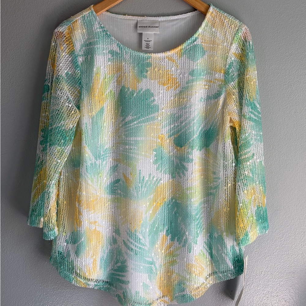 Alfred Dunner Women's Green‎ and Yellow Leaf Print Blouse